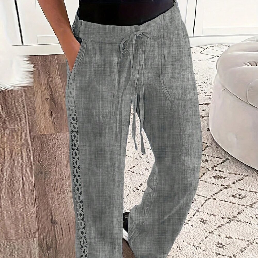 Dark Grey Casual Women's Drawstring Side Splicing Lace Trim Wide Leg Pants